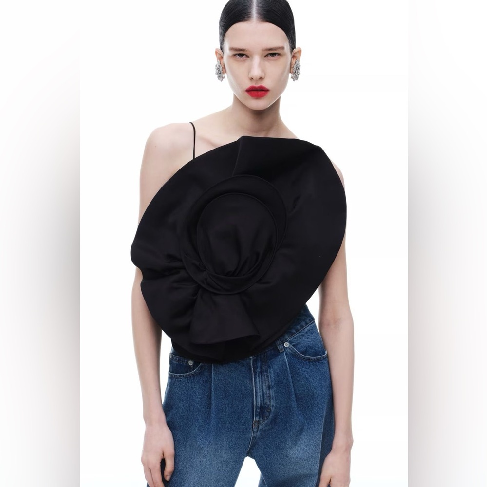 Magda Butrym H&M Gathered Black Top with Rose Appliqué Size XS